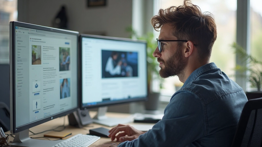 Professionele afbeelding van webdesigner die navigatiestructuur analyseert op digitaal scherm in moderne kantooromgeving