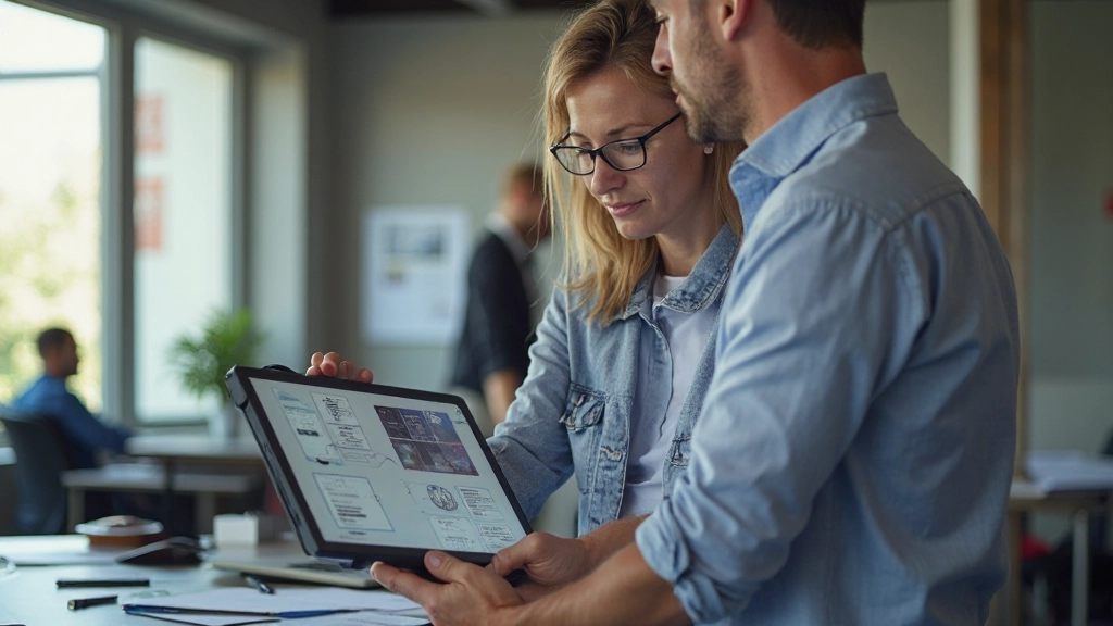 Webdesigner die verschillende navigatiestructuurmodellen analyseert op tablet en notitieblok