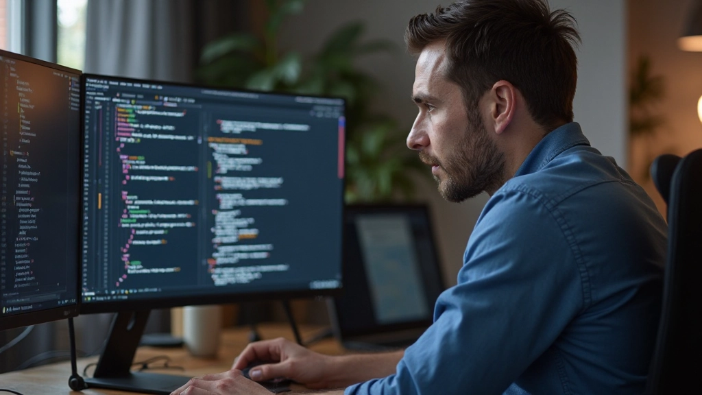Professionele webdeveloper werkend aan semantische HTML code in moderne code editor met kleurrijke syntax highlighting