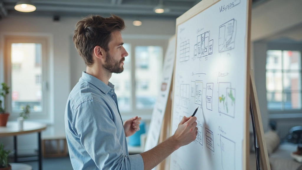 UX designer die wireframes en prototypes schetst op whiteboard voor website navigatie