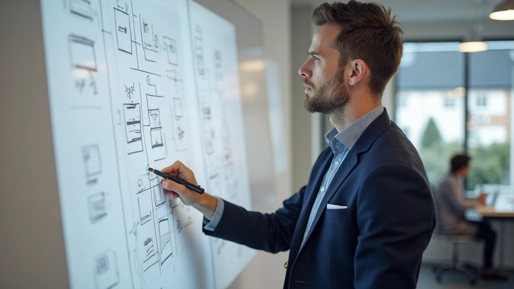 UX designer die wireframes en prototypes schetst op whiteboard voor website navigatie